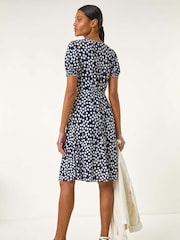 Roman Blue Spot Print Gathered Midi Dress - Image 3 of 5