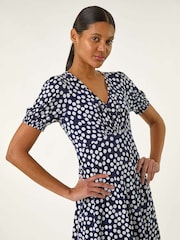 Roman Blue Spot Print Gathered Midi Dress - Image 4 of 5