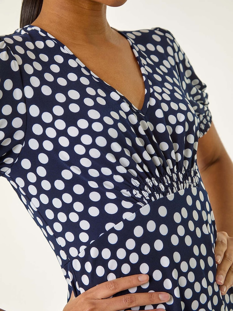 Roman Blue Spot Print Gathered Midi Dress - Image 5 of 5