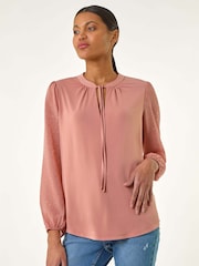 Roman Pink Tie Neck Shimmer Dobby Sleeve Blouse - Image 1 of 5
