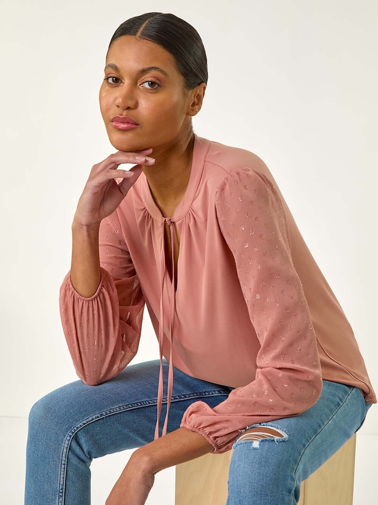 Roman Pink Tie Neck Shimmer Dobby Sleeve Blouse - Image 2 of 5 Roman Pink Tie Neck Shimmer Dobby Sleeve Blouse - Image 2 of 5