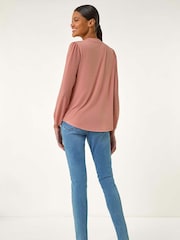 Roman Pink Tie Neck Shimmer Dobby Sleeve Blouse - Image 4 of 5