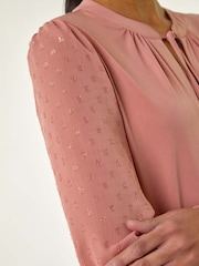 Roman Pink Tie Neck Shimmer Dobby Sleeve Blouse - Image 5 of 5