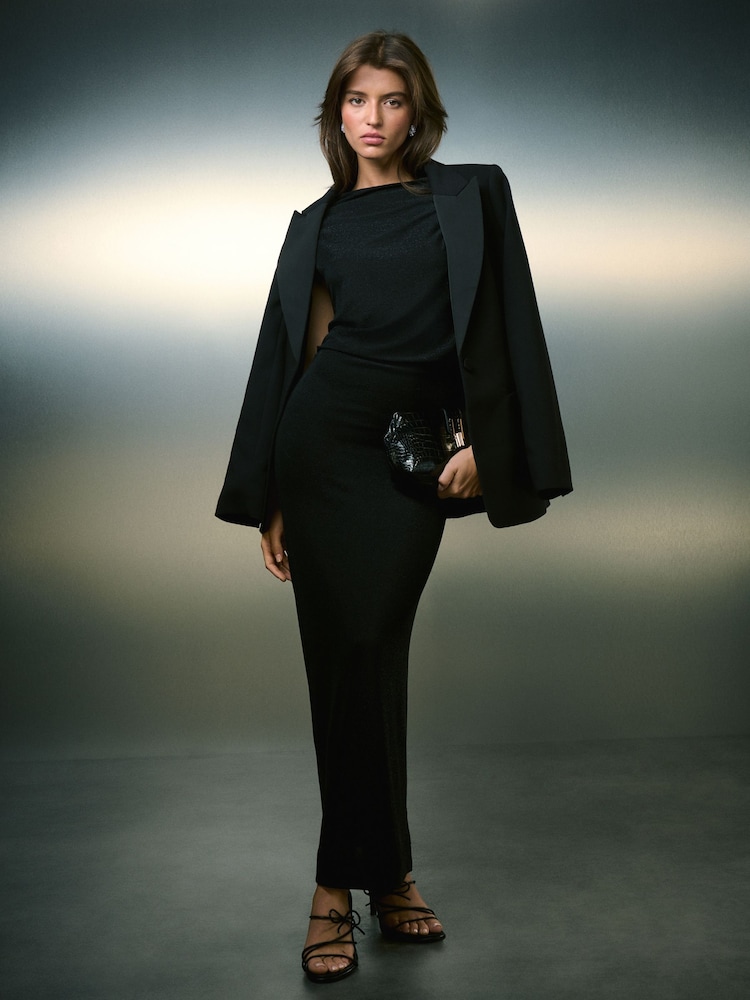 Black Sparkle Ruched Column Midi Dress - Image 2 of 7