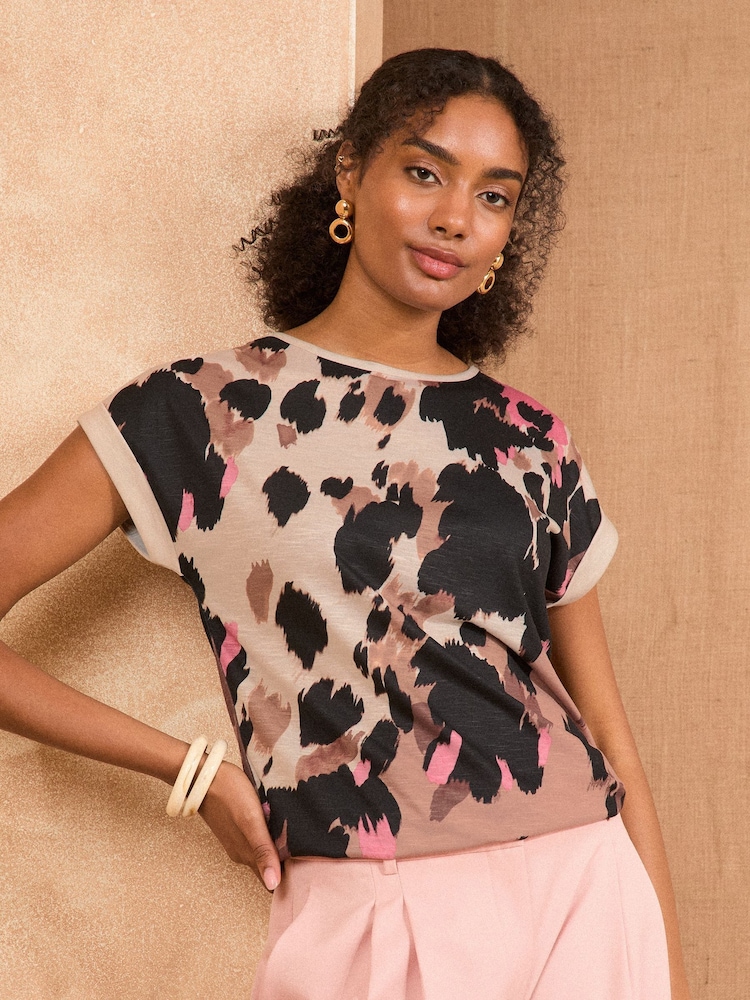 Love & Roses Light Brown Cow Print Crew Neck Jersey T-Shirt - Image 1 of 4