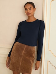 Love & Roses Navy Puff Shoulder Long Shoulder Jersey Top - Image 1 of 4