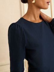 Love & Roses Navy Puff Shoulder Long Shoulder Jersey Top - Image 3 of 4