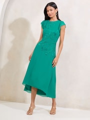 Lipsy Green Floral Print Appliqué Fit And Flare Short Sleeve Midi Dress - Image 1 of 4