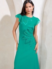Lipsy Green Floral Print Appliqué Fit And Flare Short Sleeve Midi Dress - Image 2 of 4