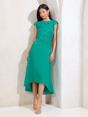 Lipsy Green Floral Print Appliqué Fit And Flare Short Sleeve Midi Dress - Image 3 of 4