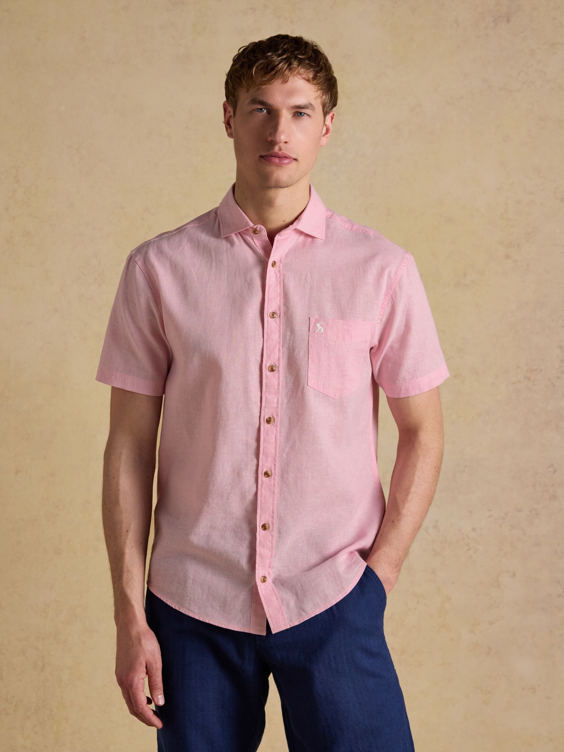 Joules Men's Linen Blend Short Sleeve Shirt Pink 3XL