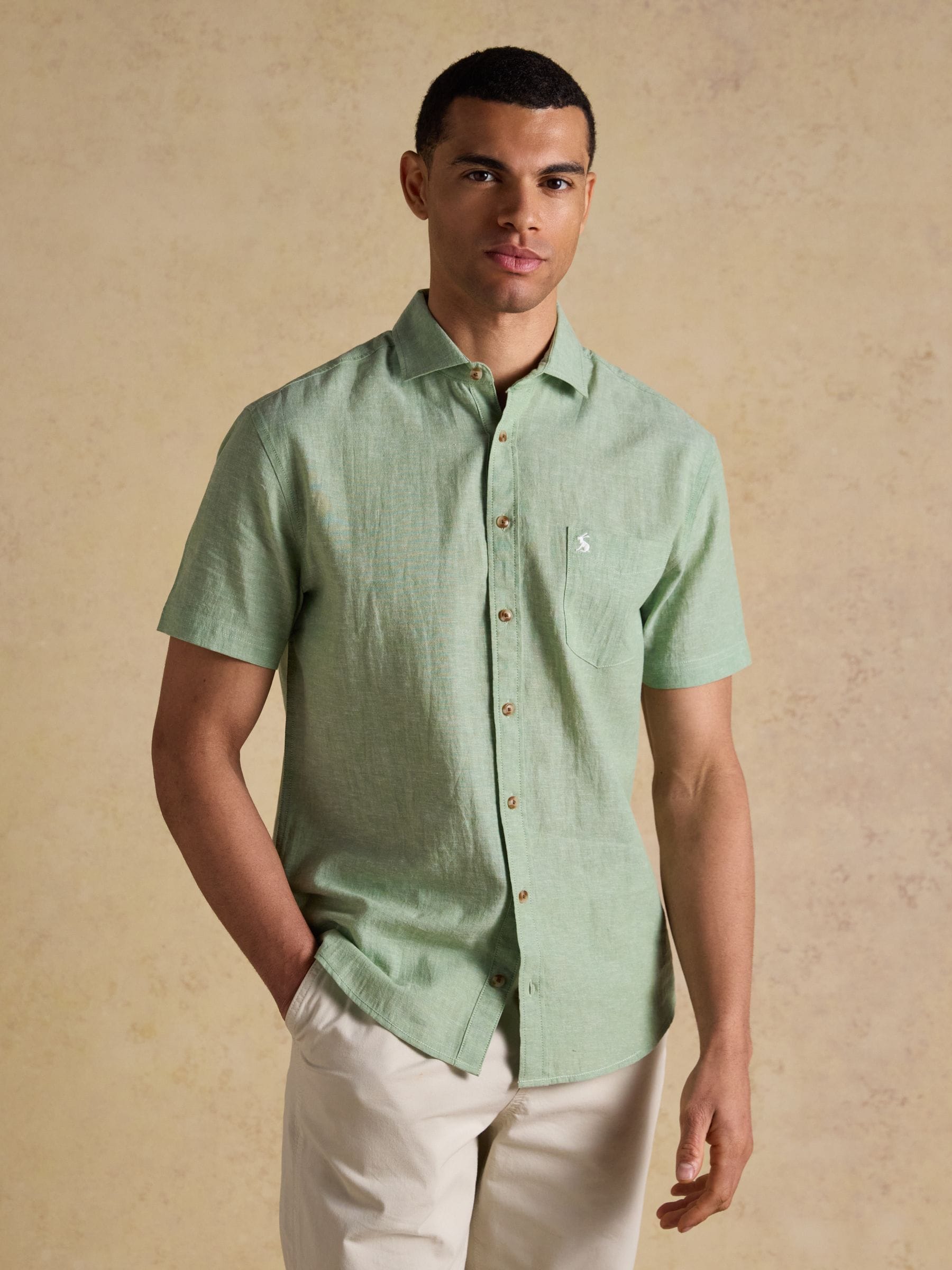 Joules Men's Linen Blend Short Sleeve Shirt Green 3XL