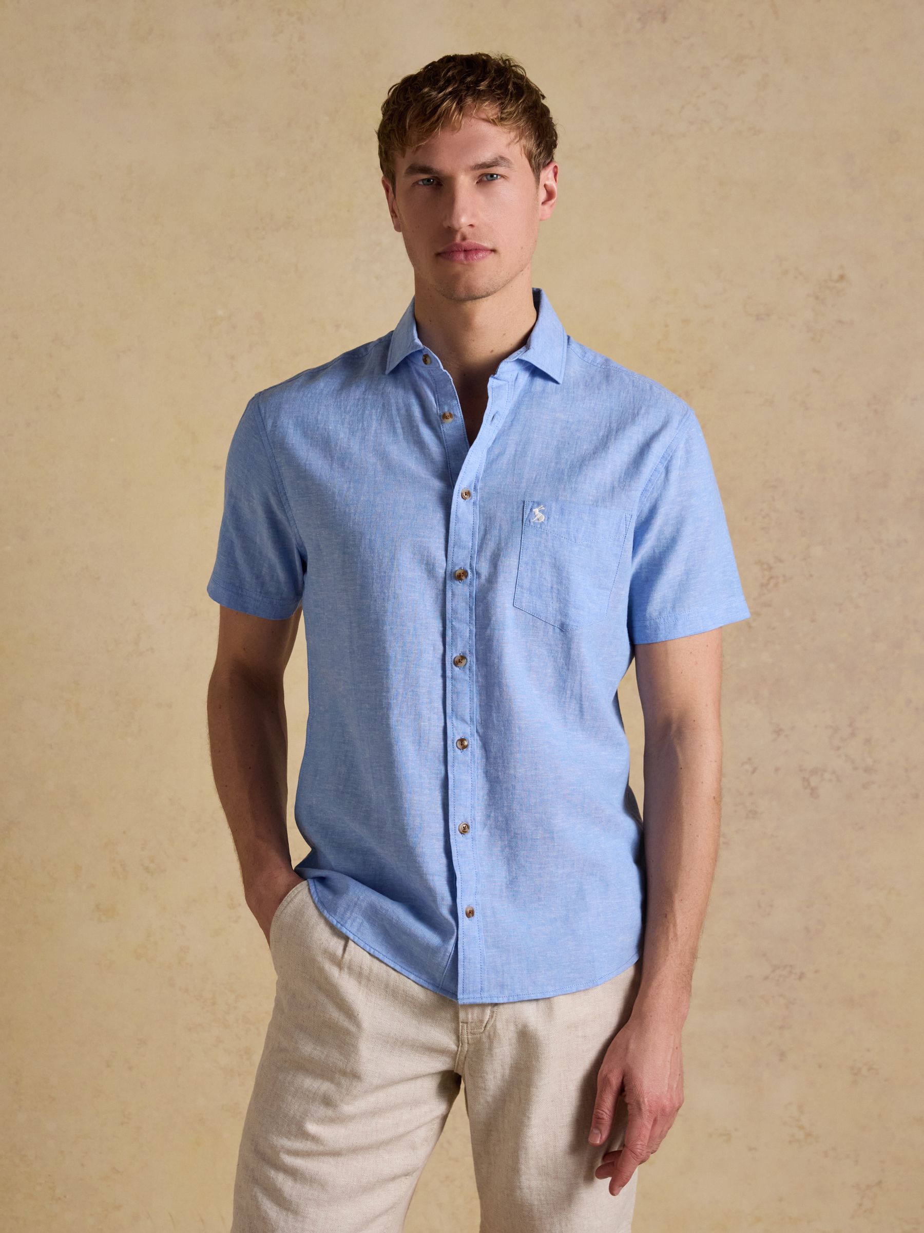 Joules Men's Linen Blend Short Sleeve Shirt Light Blue 3XL