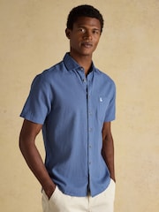 Joules Linen Blend Blue Denim Short Sleeve Shirt - Image 1 of 7