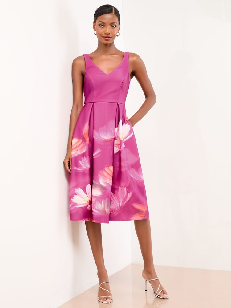 Lipsy Burgundy Floral Sleeveless Scuba Skater Midi Dress - Image 1 of 4