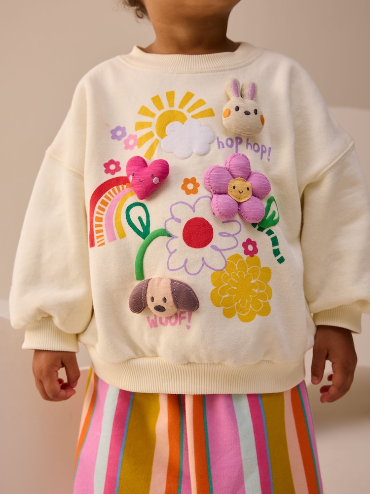 Cream Stripe Padded Characters Sweatshirt and Barrel Leg Joggers Set (3mths-7yrs) - Image 2 of 4 Cream Stripe Padded Characters Sweatshirt and Barrel Leg Joggers Set (3mths-7yrs) - Image 2 of 4