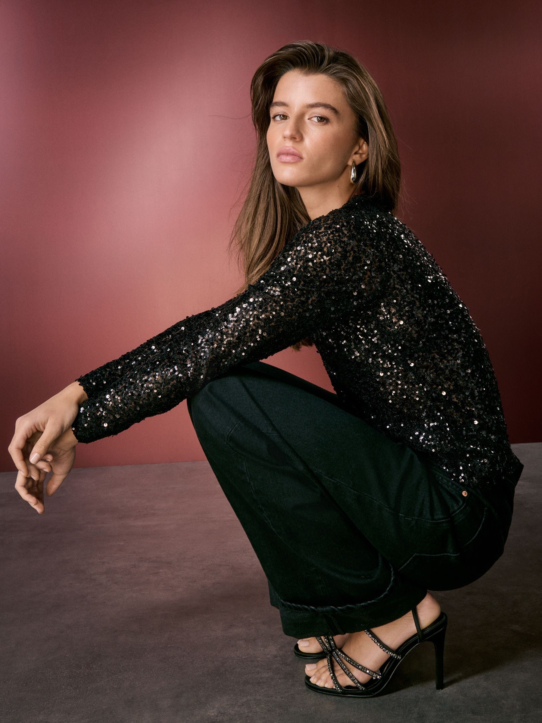 Buy Black V-Neck Sequin Long Sleeve Top from Next USA