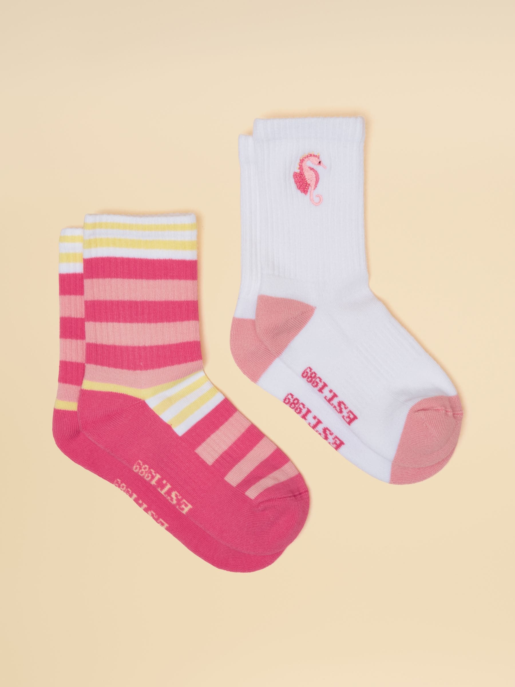 Joules Girls ' Volley 2 Pack Tennis Sock Pink Seahorse Size 6-8.5 Jnr Kids