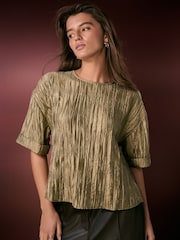 Gold Metallic Crinkled Short Sleeve Top - Image 3 of 8