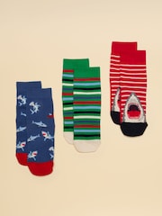 Joules Eat Feet Red Blue Shark 3 Pack Socks - Image 1 of 3