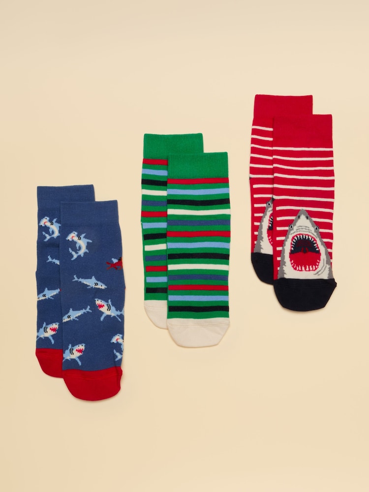 Joules Eat Feet Red Blue Shark 3 Pack Socks - Image 1 of 3