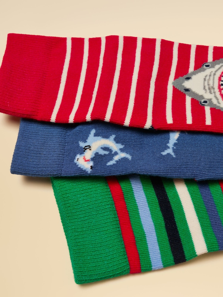 Joules Eat Feet Red Blue Shark 3 Pack Socks - Image 3 of 3