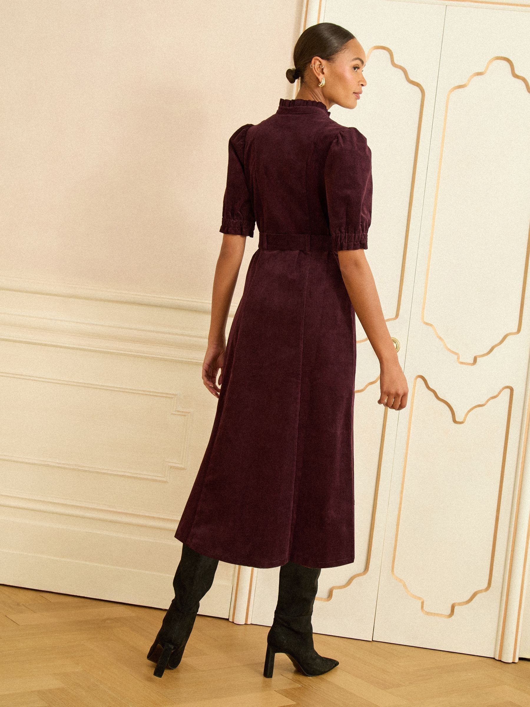 Buy Love & Roses Cherry Red Corduroy Scallop Trim Midi Dress from
