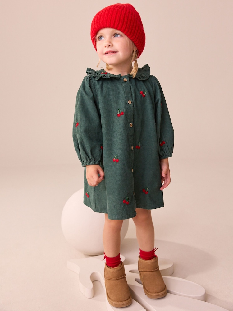 Dark Green Cherry Embroidered Cord Long Sleeve Dress (3mths-8yrs) - Image 1 of 4
