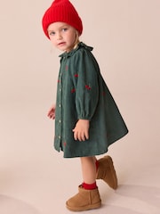 Dark Green Cherry Embroidered Cord Long Sleeve Dress (3mths-8yrs) - Image 2 of 4