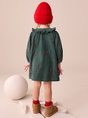 Dark Green Cherry Embroidered Cord Long Sleeve Dress (3mths-8yrs) - Image 3 of 4