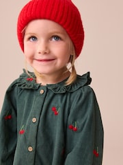 Dark Green Cherry Embroidered Cord Long Sleeve Dress (3mths-8yrs) - Image 4 of 4