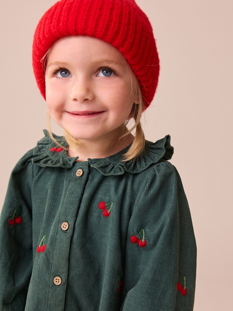 Dark Green Cherry Embroidered Cord Long Sleeve Dress (3mths-8yrs) - Image 4 of 4