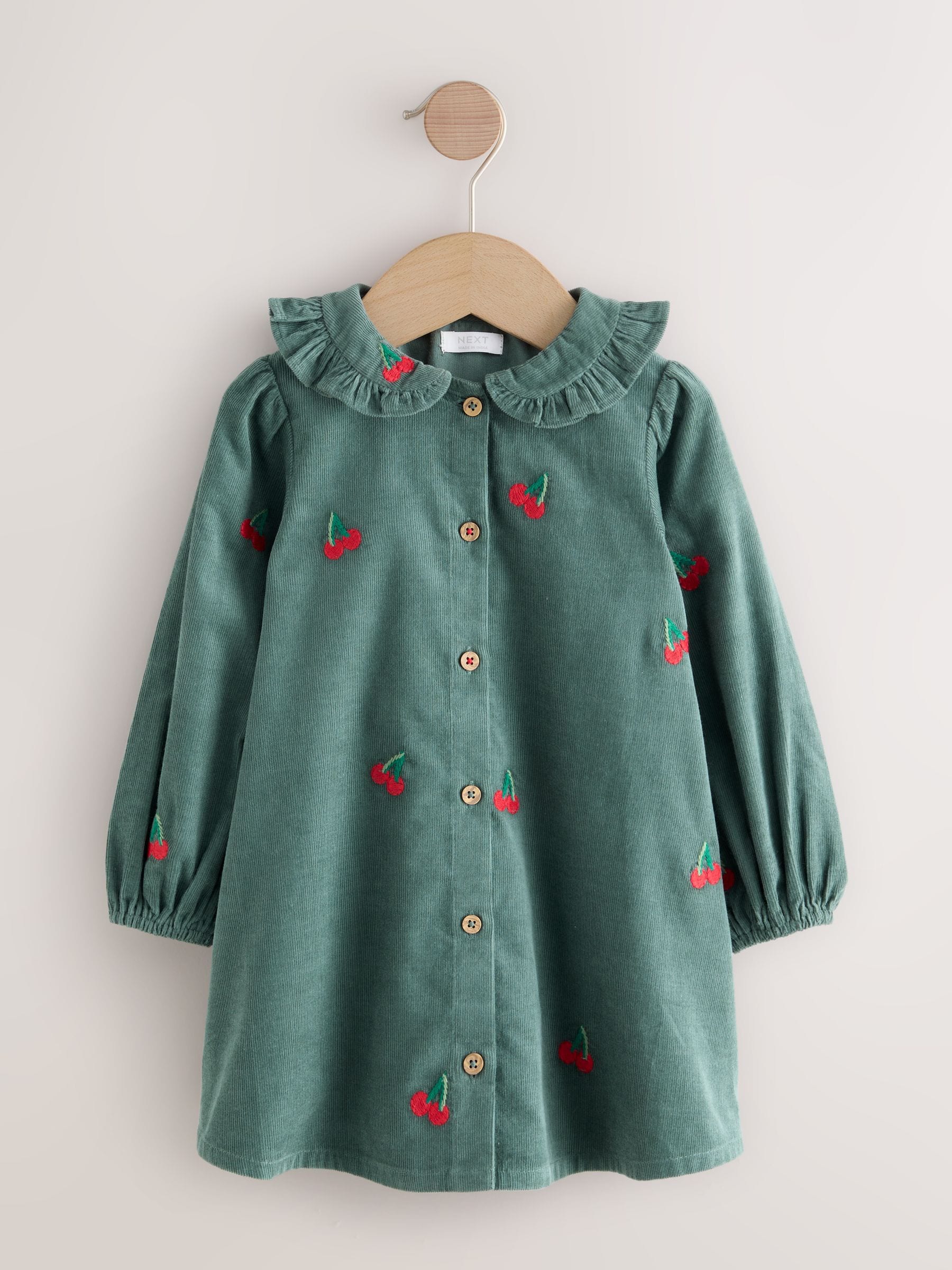 Buy Dark Green Cherry Embroidered Cord Long Sleeve Dress (3mths