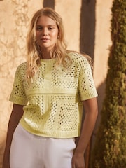 Yellow Buttermilk Short Sleeve Crochet Crew Neck T-Shirt - Image 1 of 6