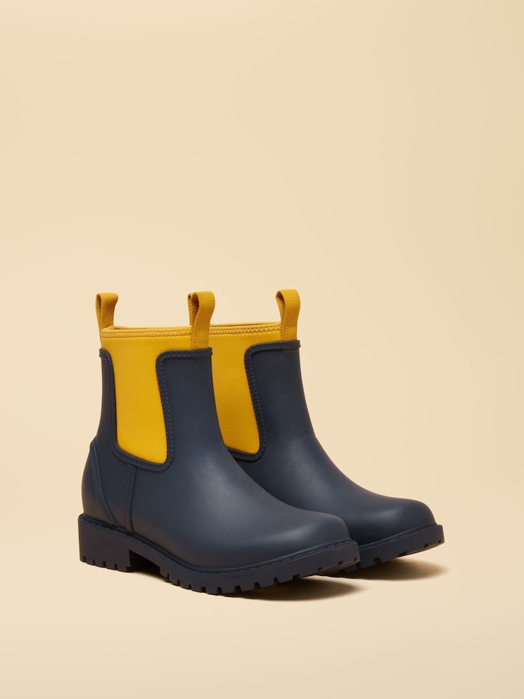Joules Oakfield Navy Yellow Short Neoprene Lined Wellies - Image 1 of 6 Joules Oakfield Navy Yellow Short Neoprene Lined Wellies - Image 1 of 6
