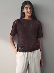Brown Chocolate Short Sleeve Crochet Crew Neck T-Shirt - Image 1 of 6