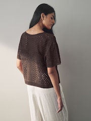 Brown Chocolate Short Sleeve Crochet Crew Neck T-Shirt - Image 2 of 6