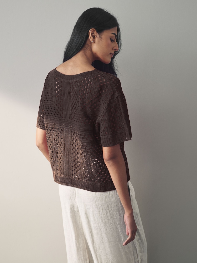 Brown Chocolate Short Sleeve Crochet Crew Neck T-Shirt - Image 2 of 6