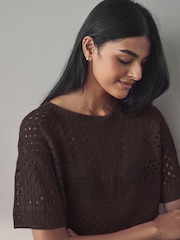 Brown Chocolate Short Sleeve Crochet Crew Neck T-Shirt - Image 3 of 6