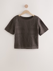 Brown Chocolate Short Sleeve Crochet Crew Neck T-Shirt - Image 4 of 6