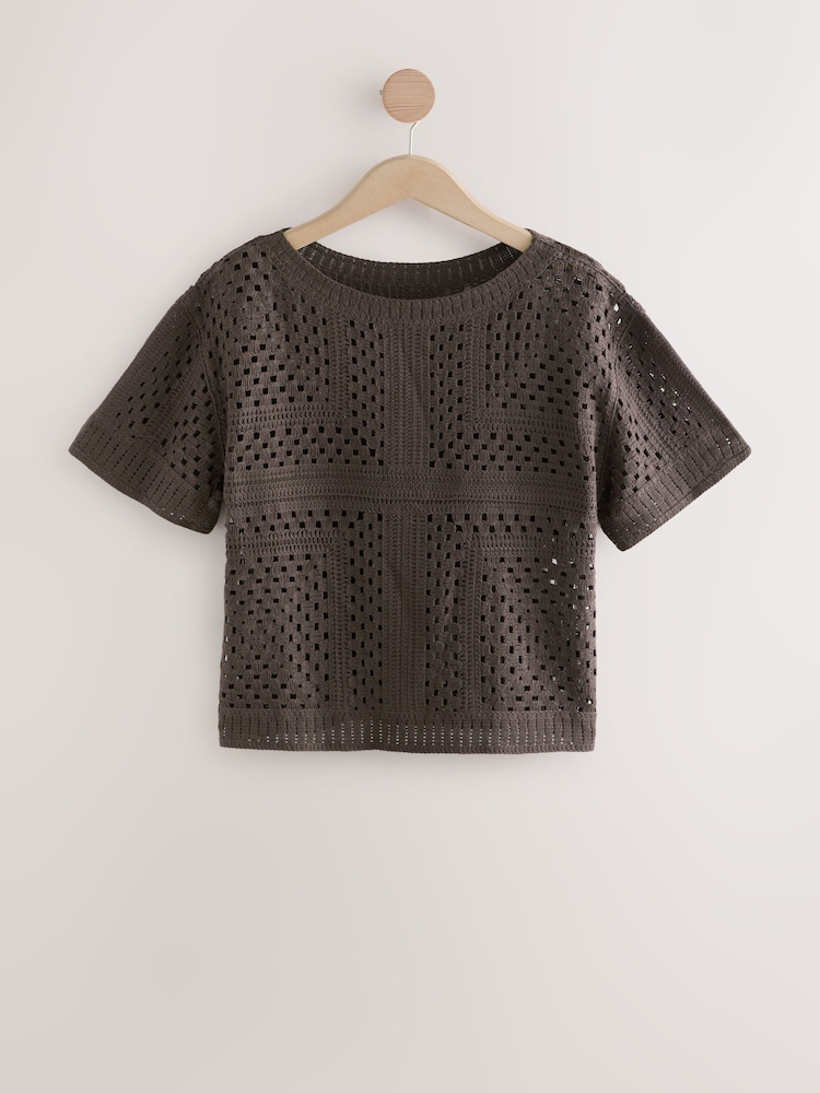 Brown Chocolate Short Sleeve Crochet Crew Neck T-Shirt - Image 4 of 6