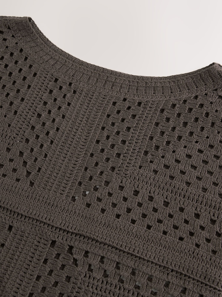 Brown Chocolate Short Sleeve Crochet Crew Neck T-Shirt - Image 6 of 6