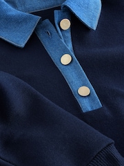 Navy Denim Detailed Collar - Kompakten udoben pulover z okroglim ovratnikom in rebrastim detajlom - Slika 2 iz 3
