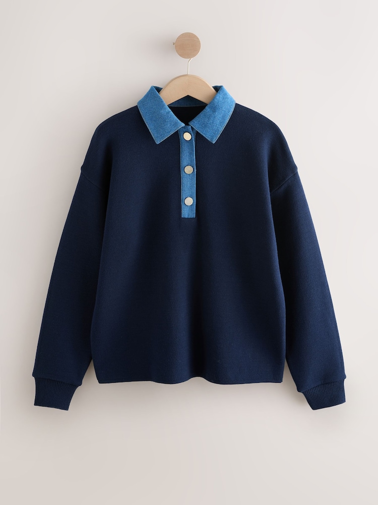 Buy Navy Denim Detailed Collar Cosy Soft Touch Long Sleeve Polo