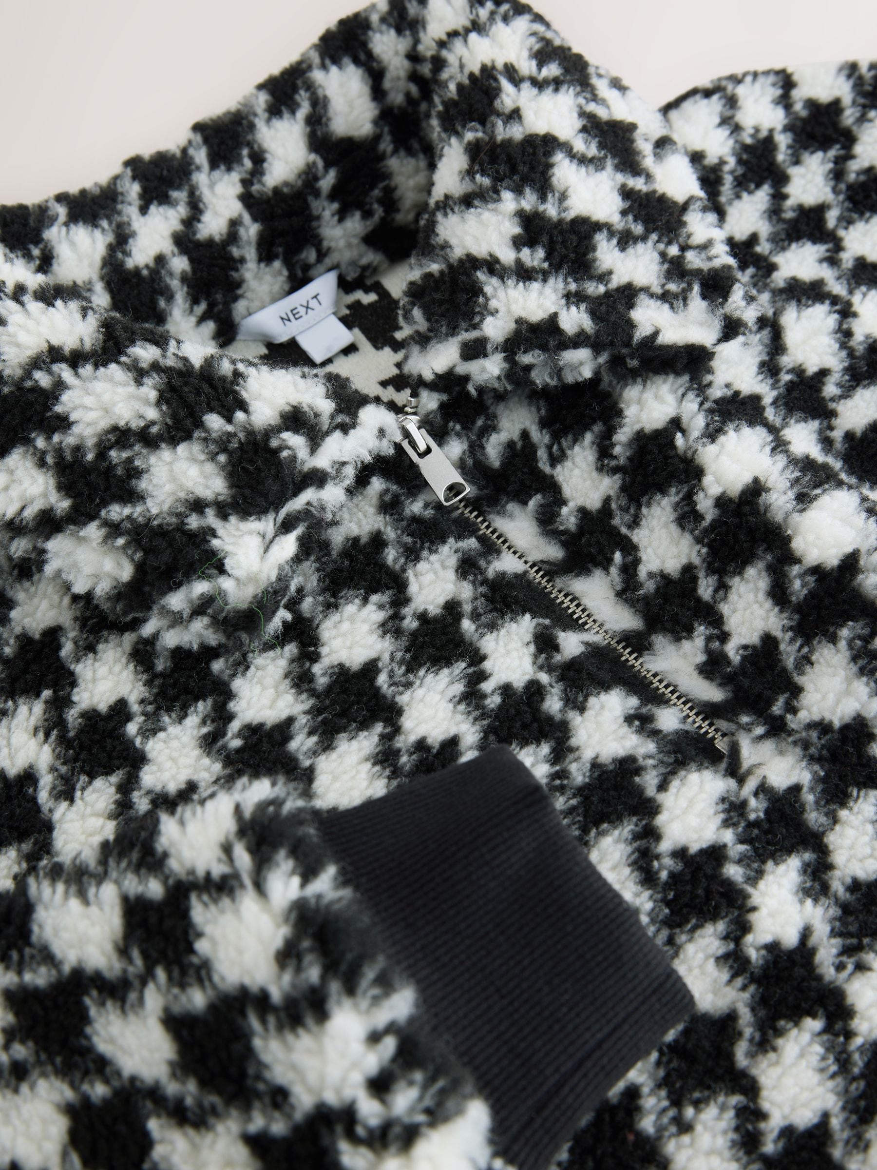 Buy Black/White Houndstooth Check Jacquard Teddy Borg Quarter Zip