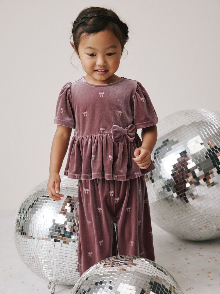 Mink Pink Bow - Velvet Co-ord Set (3mths-8yrs) - صورة 1 من 8