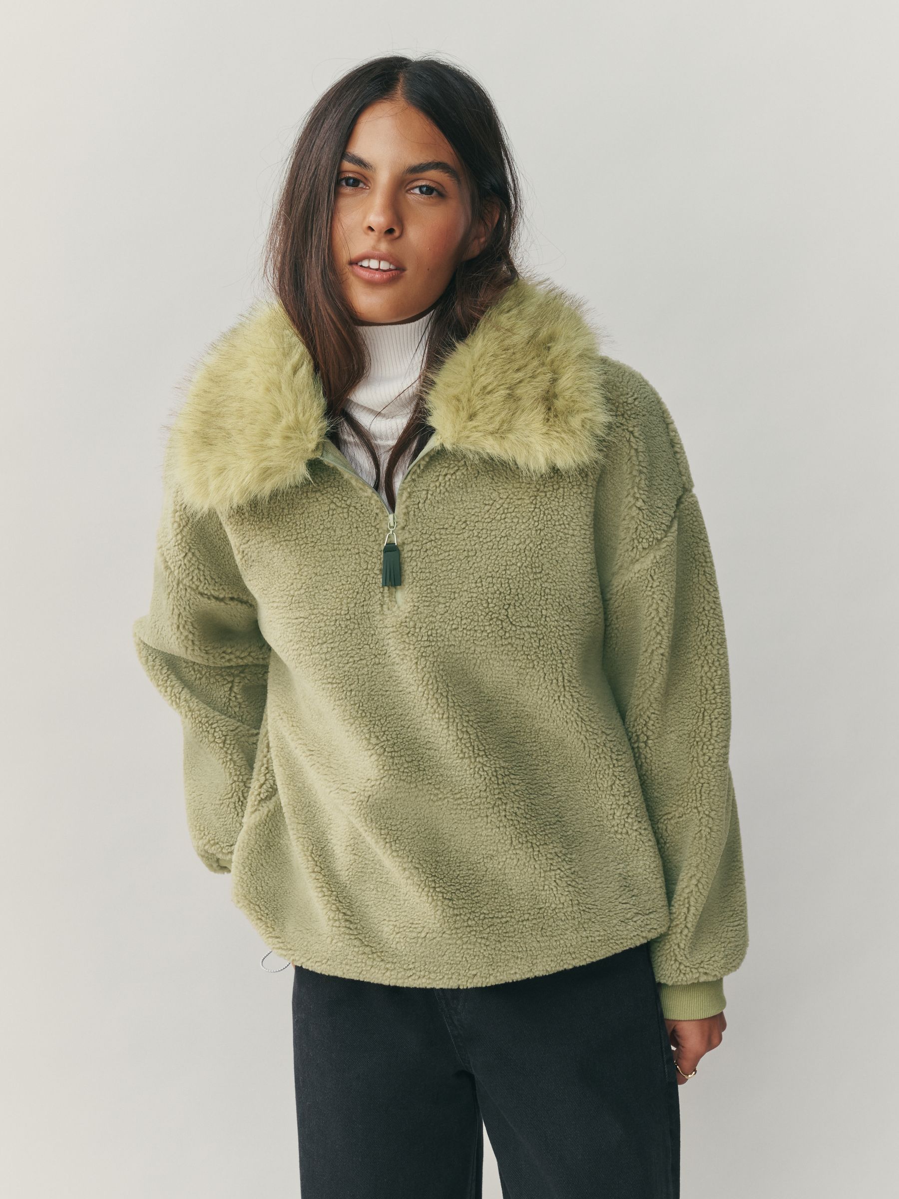 Buy Sage Green Borg Quarter Zip Fleece with Fur Collar from Next USA