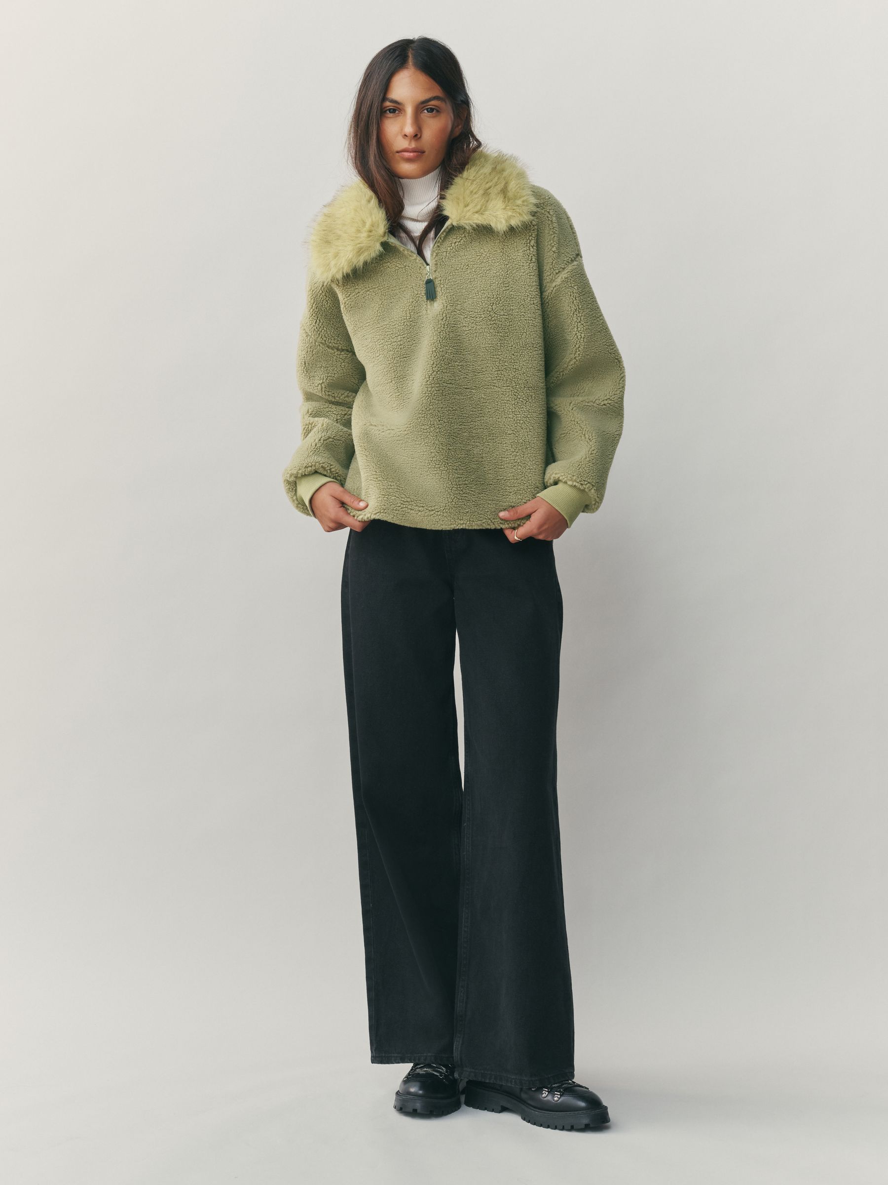 Buy Sage Green Borg Quarter Zip Fleece with Fur Collar from Next USA