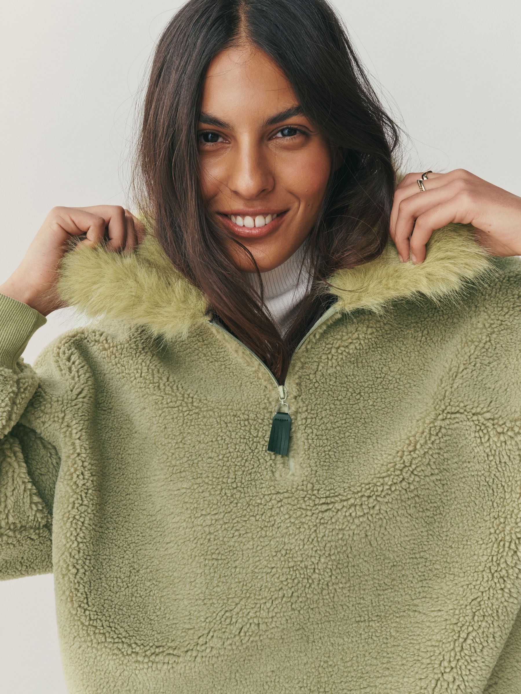 Buy Sage Green Borg Quarter Zip Fleece with Fur Collar from Next USA