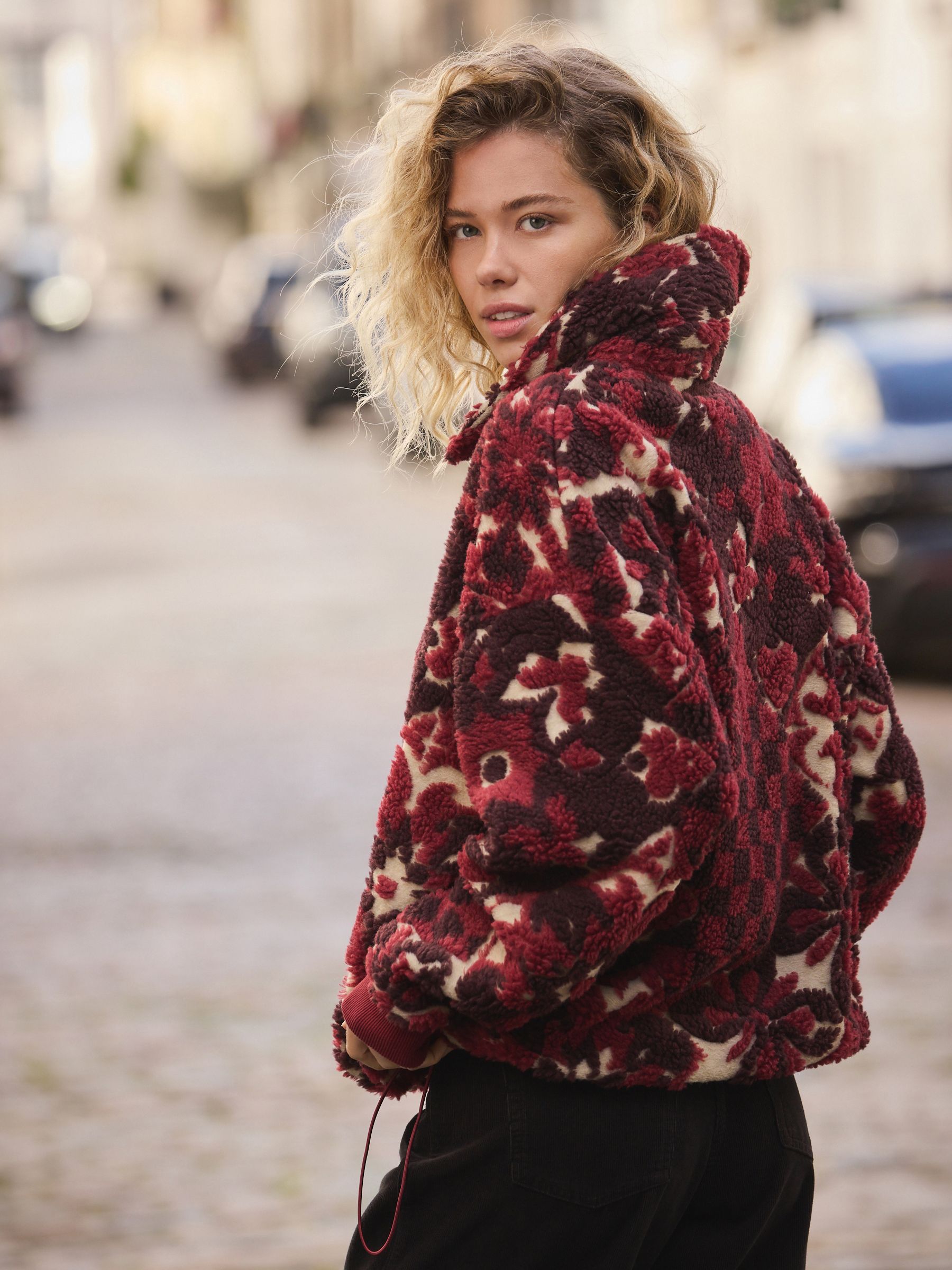 Buy Burgundy Red Floral Jacquard Teddy Borg Quarter Zip Fleece